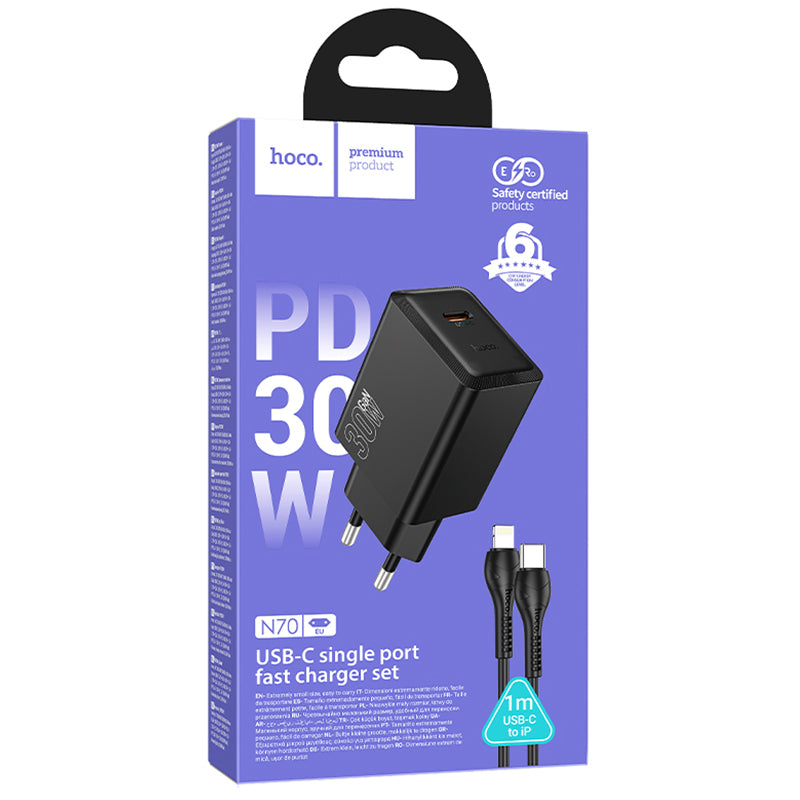 Hoco (N70) - Nuevo single port PD30W charger set(C to iPhone) - (EU) - ,Black