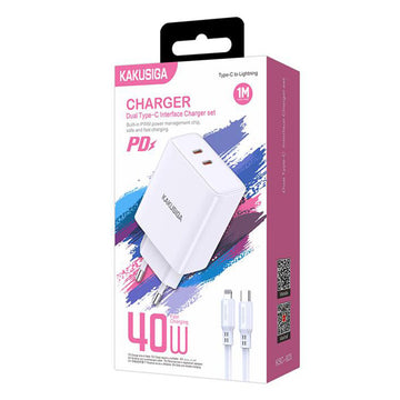 Incarcator Retea + Cablu Lightning Kaku KSC-923, 40W, 2xUSB-C, PD - Alb
