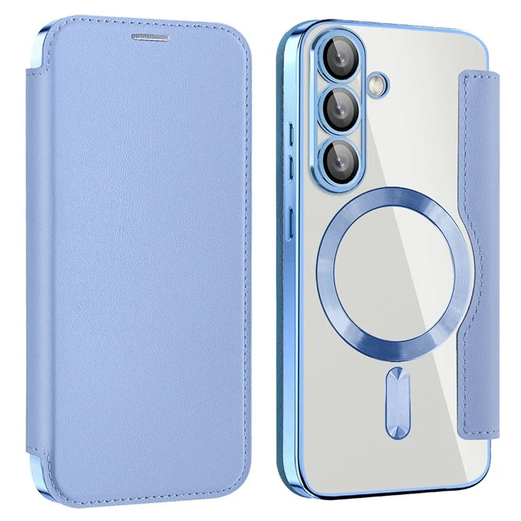 Husa MagFlip - Samsung S25, Magnet, RFID protect, Leather, Chrome Edge, Sky Blue