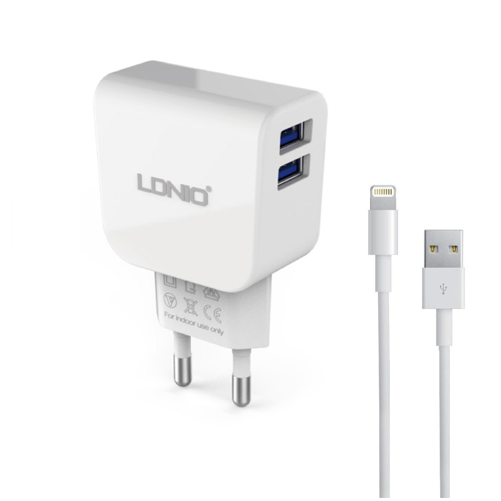 Ldnio (AC56-I) - Incarcator retea + Cablu Lightning, 1m, 2xUSB-A, 2.1A, White