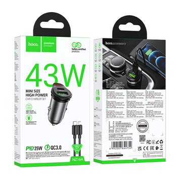 Incarcator Auto + Cablu Lightning Hoco NZ16A, 43W, PD25W+QC3.0, 1xUSB-A, 1xUSB-C - Gri