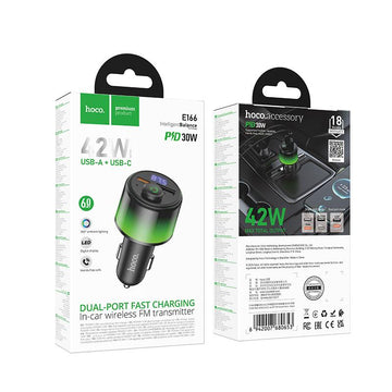 Modulator FM Auto Hoco E166, BT 6.0, USB-C 30W + USB-A, 42W Total, FastCharge - Negru