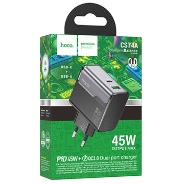 Incarcator Retea Hoco CS74A, PD45W+QC3.0 1xUSB-C, 1xUSB, FastCharge - Negru