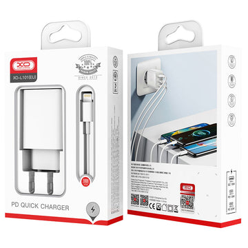 Incarcator Retea + Cablu Lightning XO L101, 20W, 2xUSB-C, 1xUSB-A, PD, QC 3.0 - Alb