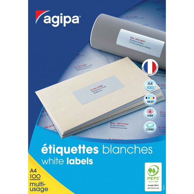 Etichete autocolante Agipa 101119/118996, 15/A4, 70x50.8mm, permanente, colturi drepte, alb, top 100 coli (1500 etichete)