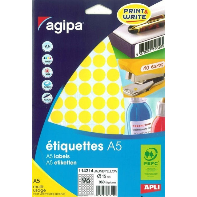 Etichete autocolante Agipa 114314, 96/A5, 15mm, permanente, rotund, galben, top 10 coli (960 etichete)