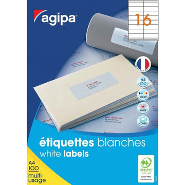 Etichete autocolante Agipa 101133, 16/A4, 105x37mm, permanente, colturi drepte, alb, top 100 coli (1600 etichete)
