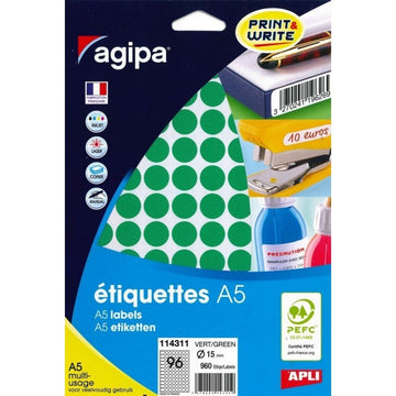Etichete autocolante Agipa 114311, 96/A5, 15mm, permanente, rotund, verzi, top 10 coli (960 etichete)