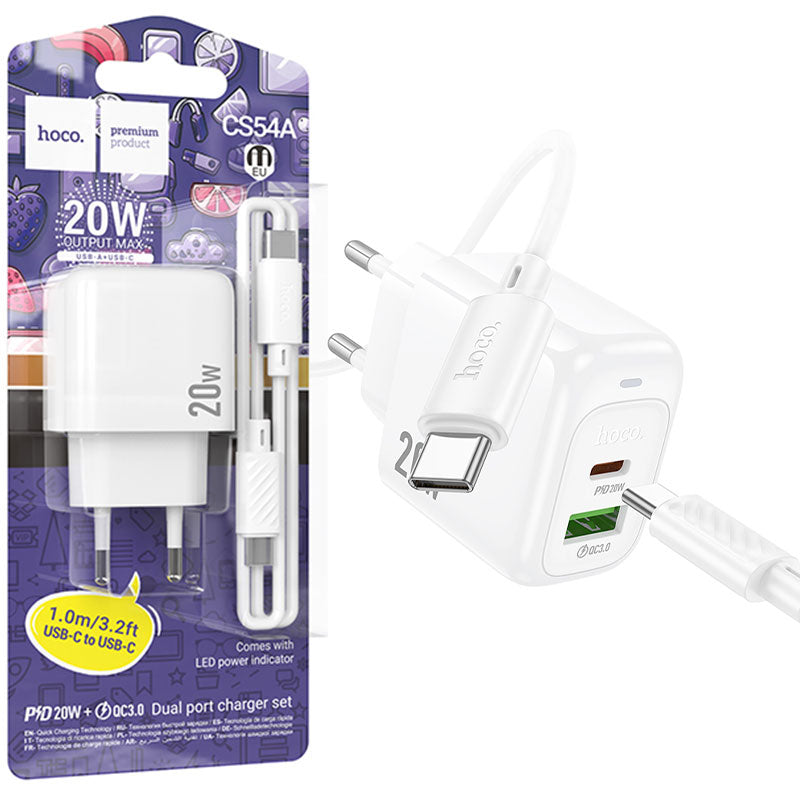 Hoco (CS54A) - Incarcator Retea cu Cablu, PD25W, QC 3.0 18W, 1xUSB-C, 1xUSB-A, White