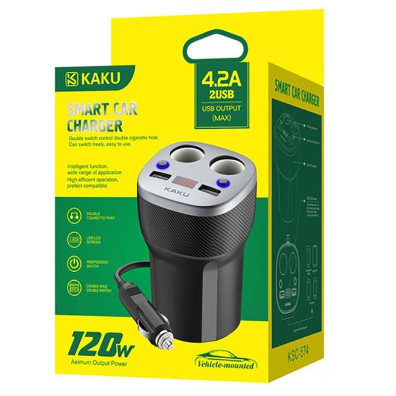 Incarcator Auto + Cablu Kaku KSC-574, 120W, 2xUSB-A, QC 3.0, Dual Splitter - Negru