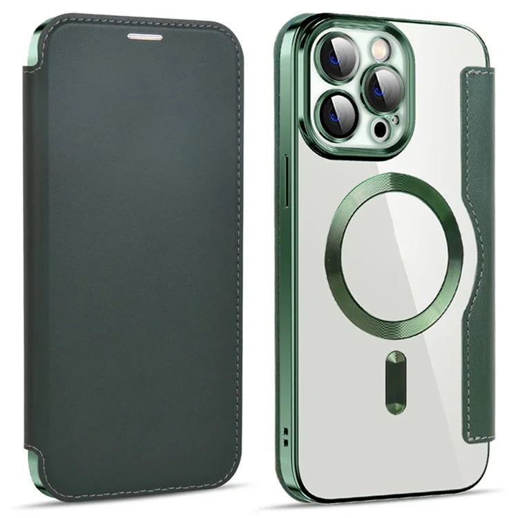 Husa MagFlip - iPhone 14 Pro Max, Magnet, RFID protect, Leather, Chrome Edge, Green