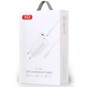 Incarcator Retea + Cablu Lightning XO L116, 30W, 1xUSB-C, 1xUSB-A, PD, QC 3.0 - Alb