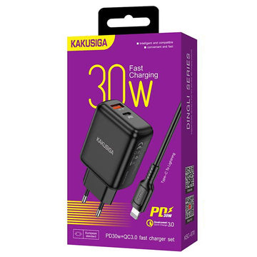 Incarcator Retea + Cablu Lightning Kaku KSC-670, 30W, 1xUSB-C, 1xUSB-A, PD, QC 3.0 - Negru