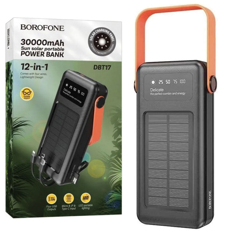 Borofone(DBT17) - Baterie Externa, cu panou solar, 4xUSB-A si cabluri 3 in 1, 30.000mAh, Black