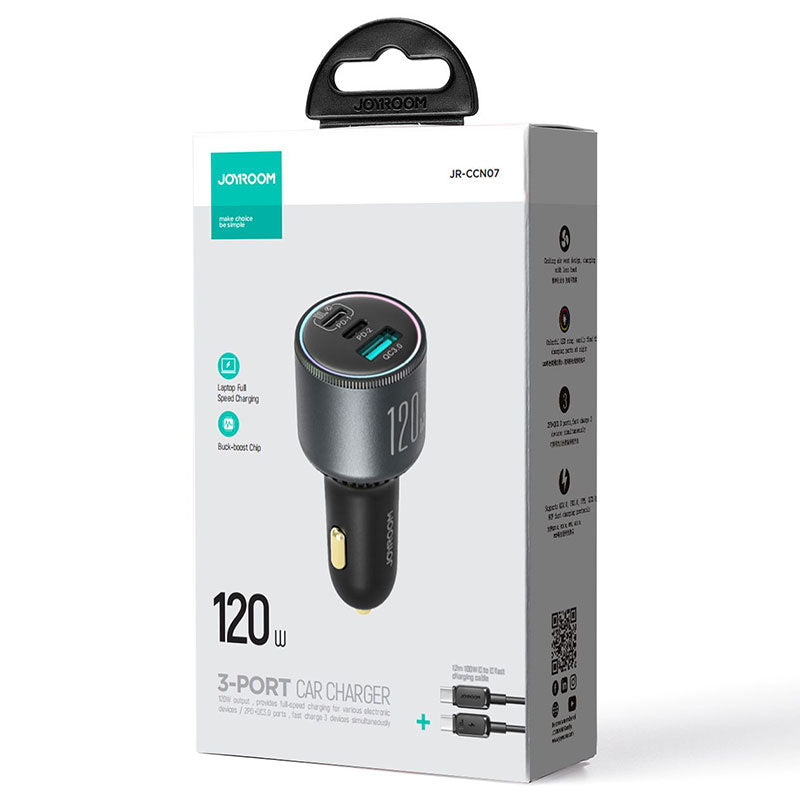 Joyroom (JR-CCN07) - Incarcator Auto + Cablu USB-C, 1m, PD120W, 2xUSB-C, 1xUSB, FastCharge, Grey