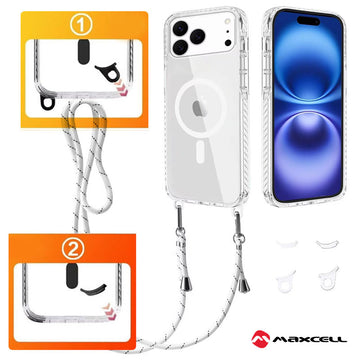 Husa MagFrame pentru iPhone 15 Pro Max, AntiDrop 2in1, Snur Detasabil - Transparent / Rama alba