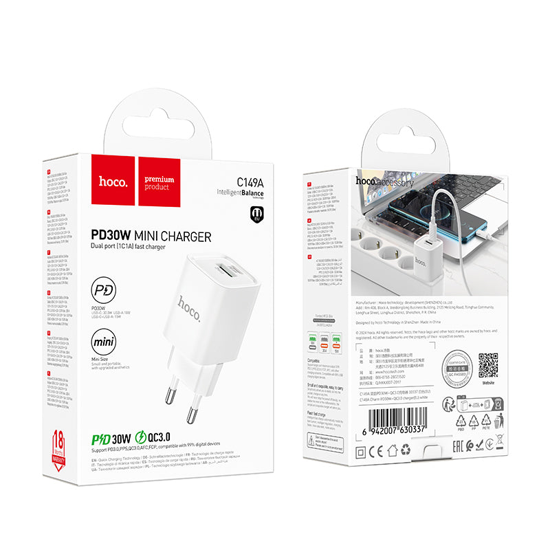 Hoco (C149A) - Incarcator Retea, PD30W, 1xUSB-C, 1xUSB-A, White