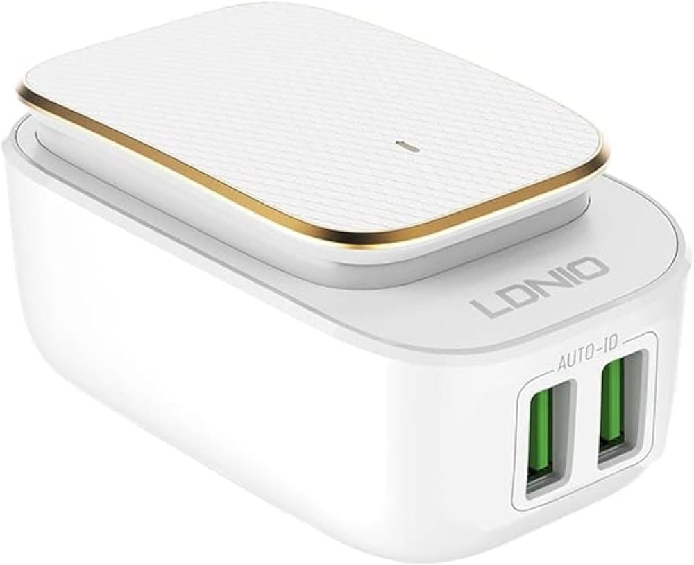 Incarcator Retea + Cablu Lightning Ldnio AC2205-I, 1m, 2xUSB-A, 2.4A, LED Touch - Alb