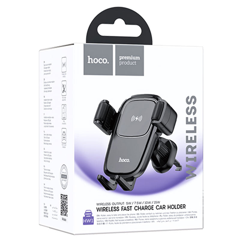 Hoco (HW1) - Suport Auto cu incarcare Wireless, cu cleme laterale, Ventilatie, AutoGravity, Black