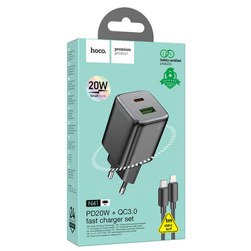 Incarcator Retea + Cablu Lightning Hoco N41, 20W, 1xUSB-C, 1xUSB-A, PD, QC 3.0 - Negru