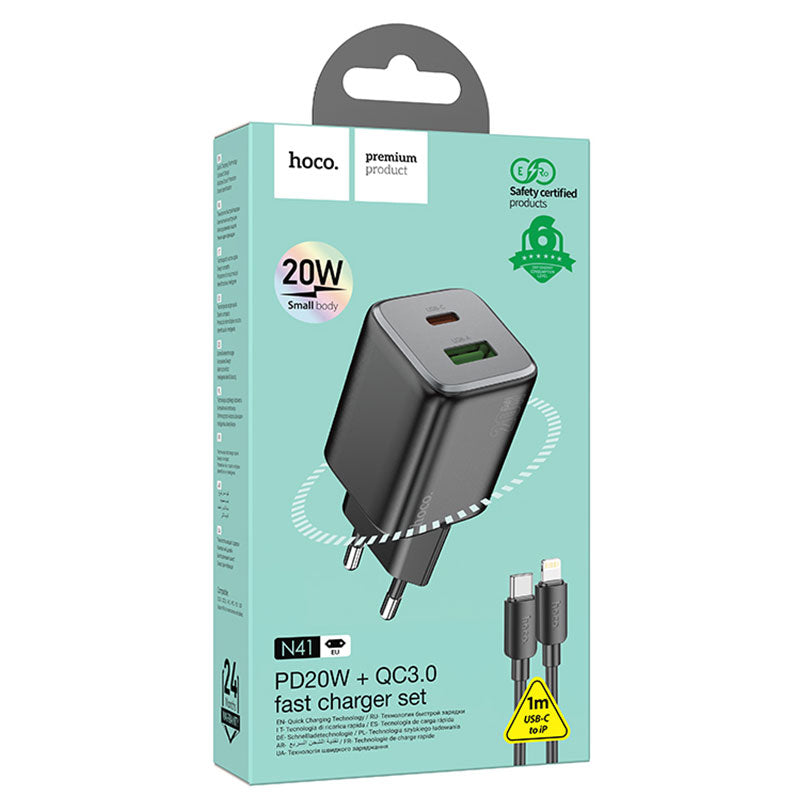 Hoco (N41) - Incarcator Retea + Cablu Lightning, 20W, 1xUSB-C, 1xUSB-A, PD, QC 3.0, Black