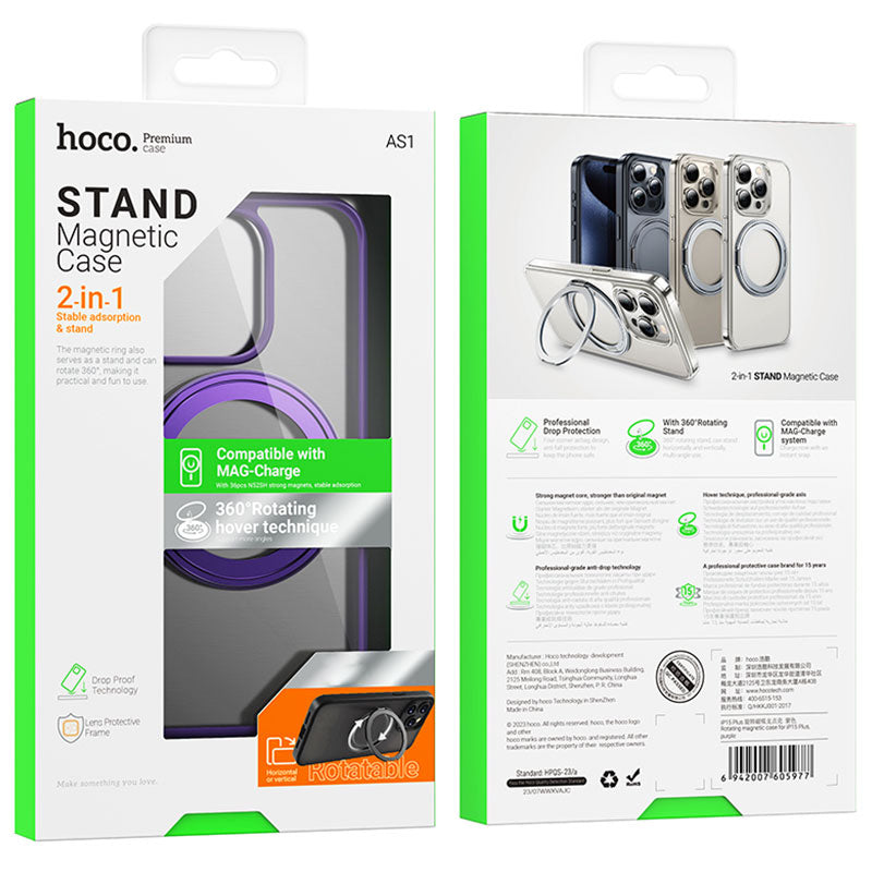 Husa Hoco (AS1), pentru iPhone 15 Plus - MagSafe, Ring Stand, Frosted, Purple