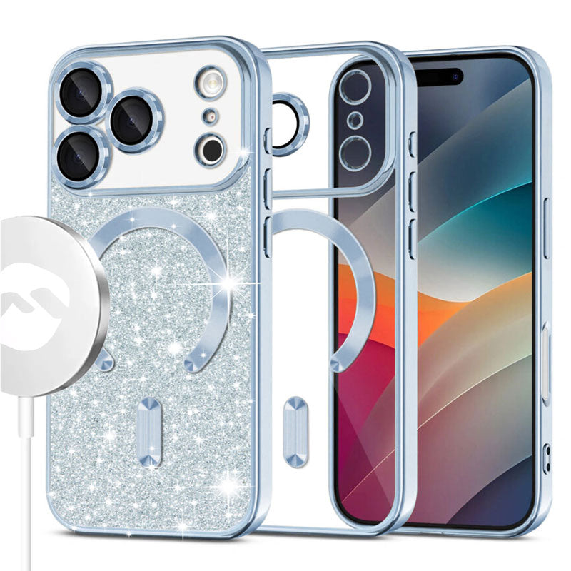 Husa MagSparks - iPhone 17 Pro, Glitter, Dual Layer, Lens Cover, Light Blue