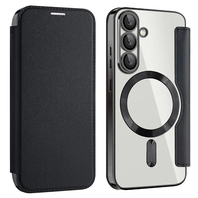 Husa MagFlip - Samsung S25, Magnet, RFID protect, Leather, Chrome Edge, Black