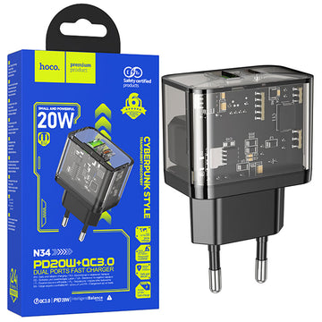 Incarcator Retea Hoco N34, 20W, 1xUSB-C, 1xUSB-A, PD, QC 3.0, Clear - Negru