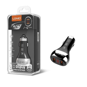 Incarcator Auto + Cablu Lightning Ldnio C2-I, 1m, 2xUSB-A, 36W, LED, QC3.0 - Negru