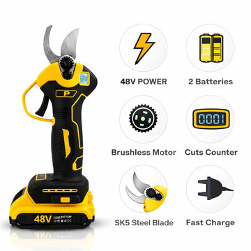 Foarfeca electrica profesionala Pexor PJ012, 48V, tip PJA cu display, lame rezerva, 2 acumulatori, taiere 40 mm, pentru vie si pomi, negru-galben