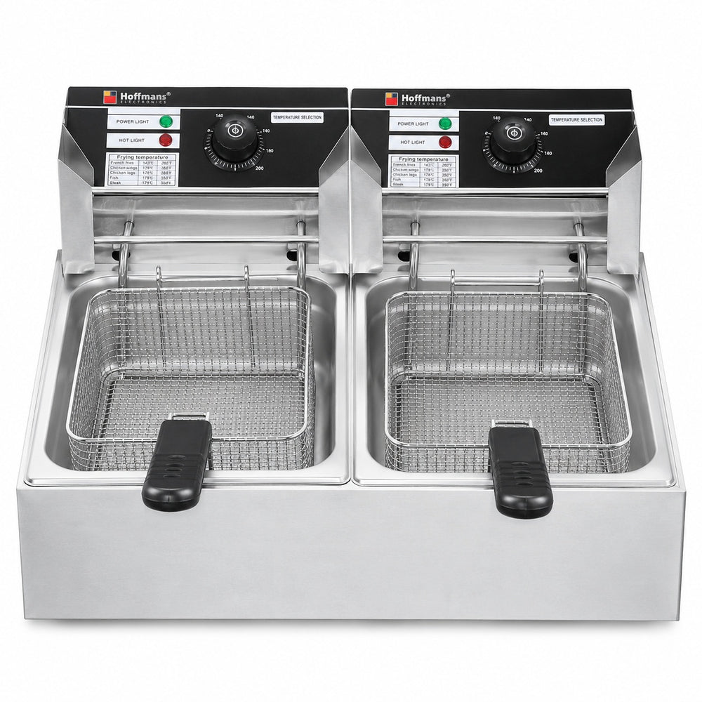 Friteuză electrică profesională Hoffmans HM-88-2, 12L, 5000W, cu două cuve și două coșuri, Inox
