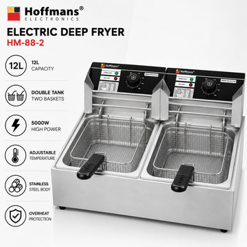Friteuză electrică profesională Hoffmans HM-88-2, 12L, 5000W, cu două cuve și două coșuri, Inox