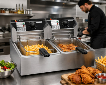 Friteuză electrică profesională Hoffmans HM-88-2, 12L, 5000W, cu două cuve și două coșuri, Inox