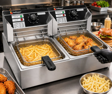 Friteuză electrică profesională Hoffmans HM-88-2, 12L, 5000W, cu două cuve și două coșuri, Inox