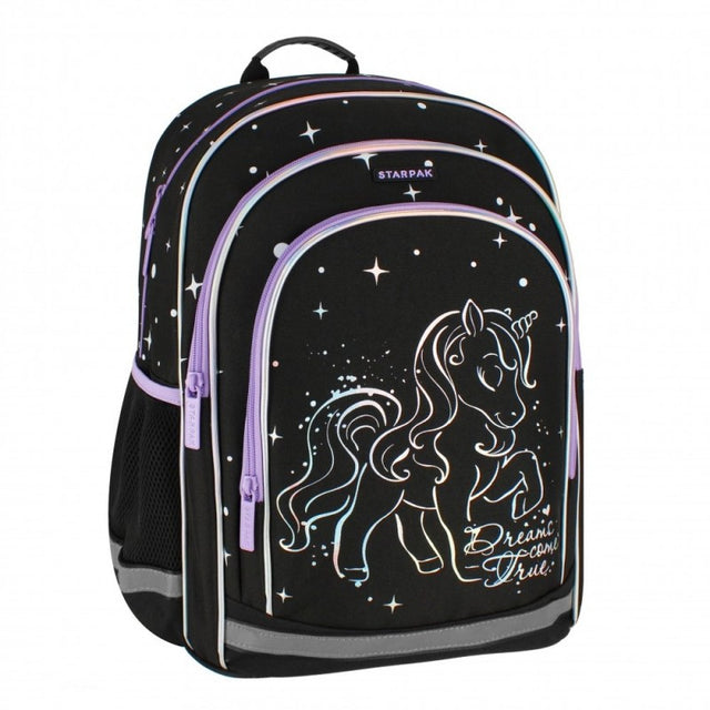 Ghiozdan Starpak Unicorn Holo, 39cm, 3 compartimente, negru, 527184