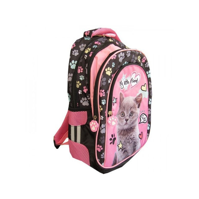 Ghiozdan St.Majewski My Little Friend Cat, 4 compartimente, 2 buzunare, roz cu negru, 34468