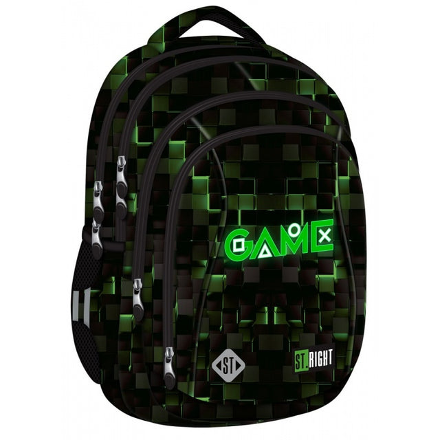 Ghiozdan St.Majewski St.Right Green Game, 43cm, 4 compartimente, negru cu verde
