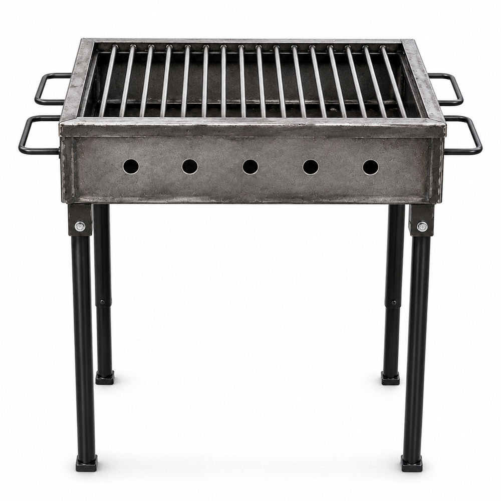 Gratar gradina profesional Pexor M 35 X 50 CM metal gros 3MM, pentru carbune si lemne, sita inox, picioare 50 cm, gri
