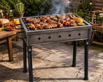 Gratar gradina profesional Pexor M 35 X 50 CM metal gros 3MM, pentru carbune si lemne, sita inox, picioare 50 cm, gri