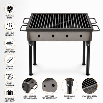 Gratar gradina profesional Pexor S 30 X 40 CM metal gros 3 MM, pentru carbune si lemne, sita inox, picioare 40 cm, gri