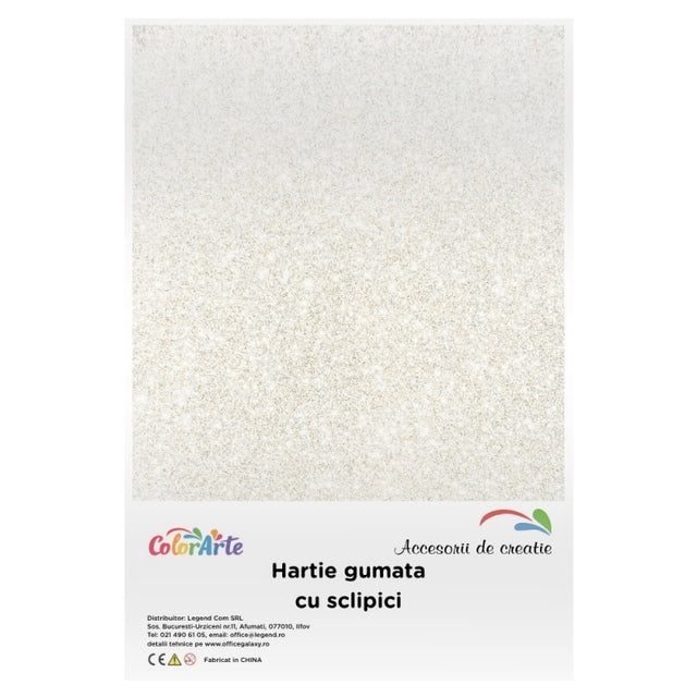 Hartie gumata cu sclipici A4, 2mm, alb, set 10 coli, Colorarte