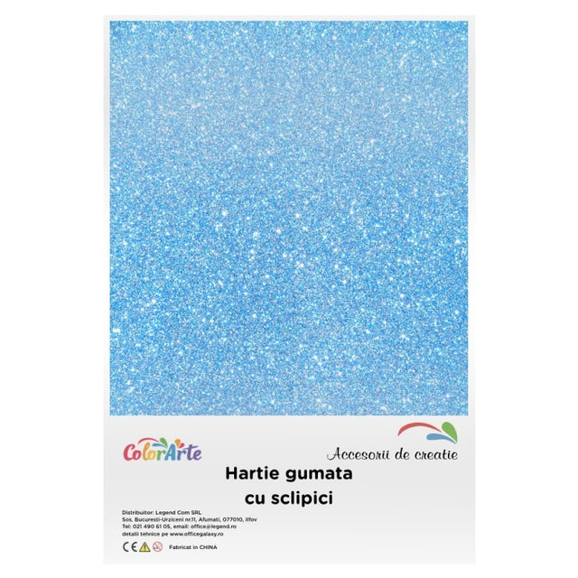 Hartie gumata cu sclipici A4, 2mm, albastru deschis, set 10 coli, Colorarte