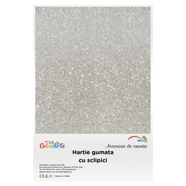 Hartie gumata cu sclipici A4, 2mm, argintiu, set 10 coli, Colorarte