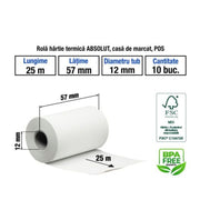 Hartie termica pentru casa de marcat si POS, 57mm x 25m, alb, 1 exemplar, set 10 role