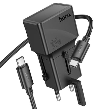 Adaptor Priza + Cablu USB-C Hoco AC24, 1m, PD25W, 1xUSB-C, 1xUSB, MultiSockets - Negru