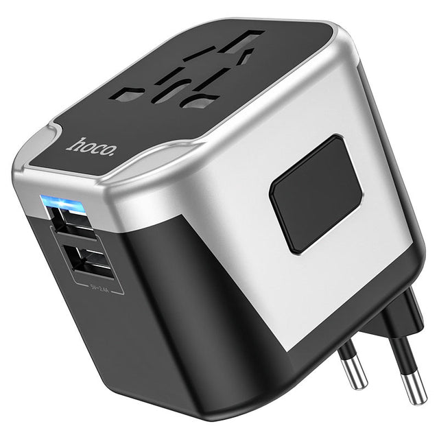 Adaptor Hoco AC5, Convertor Priza, 2xUSB-A, Universal, EU/UK/US/AUS - Negru