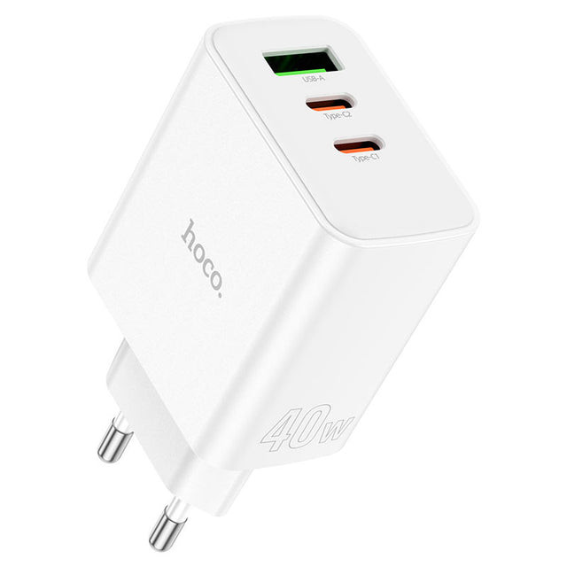 Incarcator Retea + Cablu USB-C Hoco C126A, 40W, 2xUSB-C, 1xUSB-A, PD, QC 3.0 - Alb