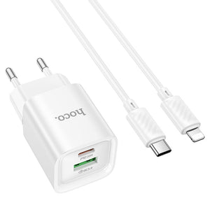 Incarcator Retea + Cablu Lightning Hoco C147A, 1m, PD20W, 1xUSB-C, 1xUSB-A - Alb