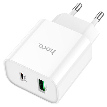 Incarcator Retea + Cablu Lightning Hoco C80A Plus, 20W, 3.1A, 1xUSB-C, 1xUSB-A, QC 3.0 - Alb